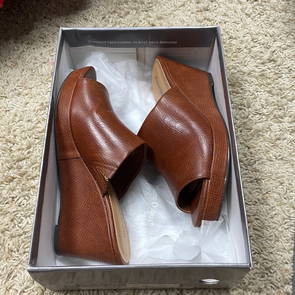 Excellent used condition Pierre Dumas lounge, cognac, peep toe wedges, open back